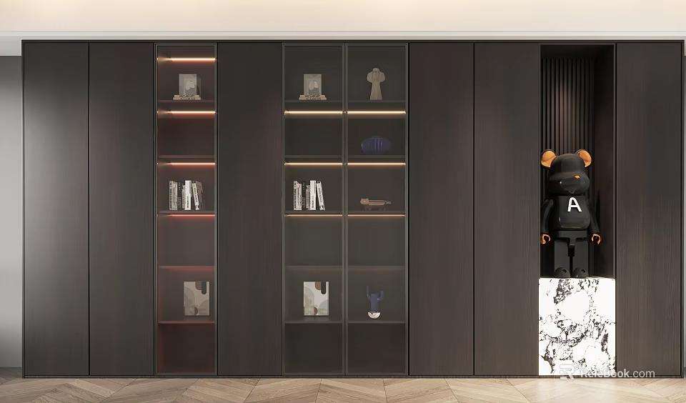 Modern Dark Colored Bookcase Featuring Glass Doors Built in Lighting And Decorative Items 3d model 