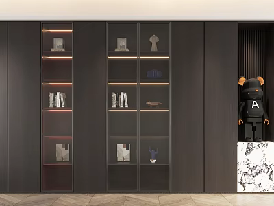 Modern Dark Colored Bookcase Featuring Glass Doors Built in Lighting And Decorative Items 3d model