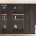 Modern Dark Colored Bookcase Featuring Glass Doors Built in Lighting And Decorative Items