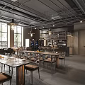 Modern Industrial Restaurant Interior With Open Layout Large Windows Metal Tables Chairs And Wine Rack