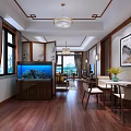 Elegant New Chinese Style Living And Dining Room Interior Design With Wooden Furnishings And Large Windows