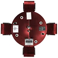 Round Red Conference Table With Black Red Office Chairs Laptop Coffee Cups Documents And Clock