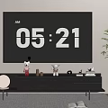 Modern TV Stand With TV Showing Time Decorative Items Potted Plant And Open Book