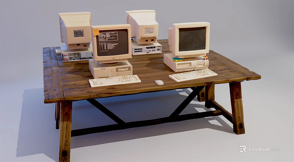 Vintage Desktop Computers With Monitors Keyboards And Mice On Wooden Table 3d model 