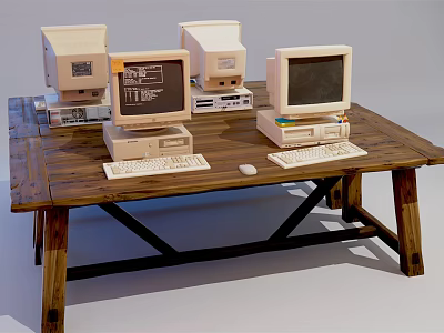 Vintage Desktop Computers With Monitors Keyboards And Mice On Wooden Table 3d model