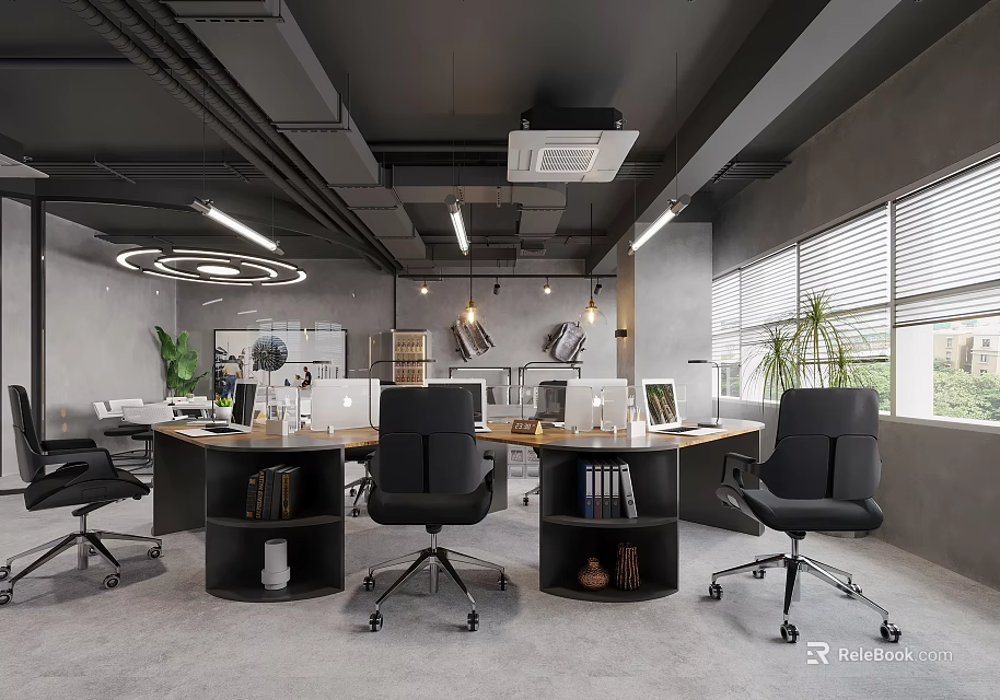 Modern Public Office Space With Open Plan Black Office Chairs Desks Green Plants And Large Windows 3d model 