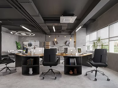 Modern Public Office Space With Open Plan Black Office Chairs Desks Green Plants And Large Windows 3d model