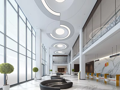 Modern Public Service Hall Interior With Large Windows Circular Ceiling Lights And Marble Floors 3d model