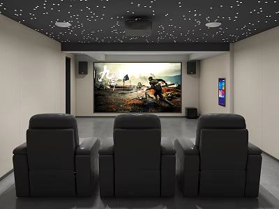 Home Theater Room With Large Screen Black Leather Recliner Seats And Starry Ceiling 3d model