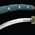 Traditional Japanese Katana with Silver Sharp Blade and Green Textured Sheath and Golden Decorative Fittings