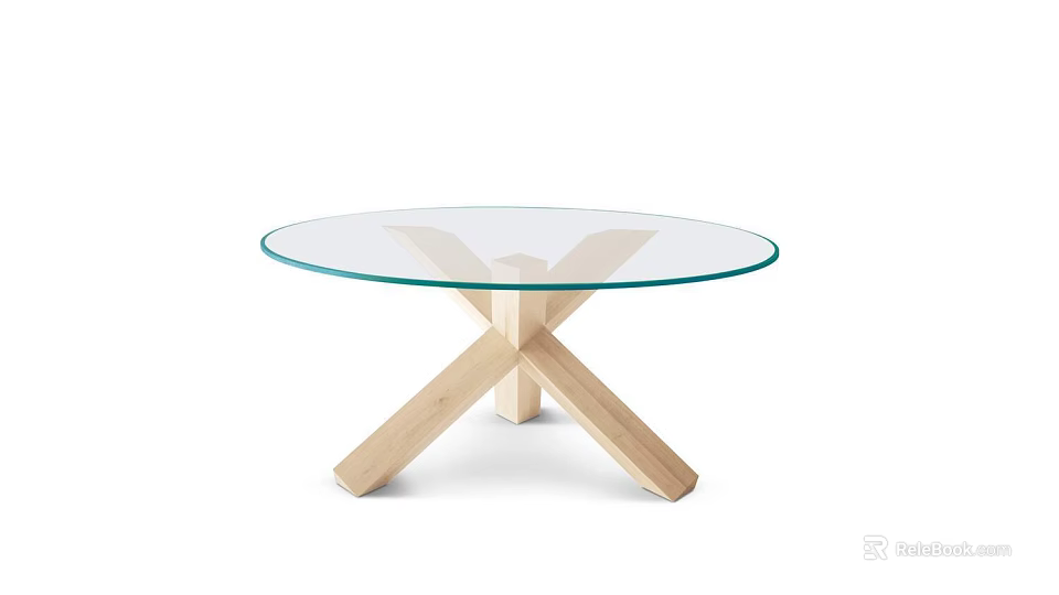 Modern Round Glass Top Coffee Table With Wooden Cross Legs Design 3d model 