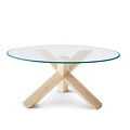 Modern Round Glass Top Coffee Table With Wooden Cross Legs Design