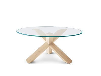 Modern Round Glass Top Coffee Table With Wooden Cross Legs Design 3d model