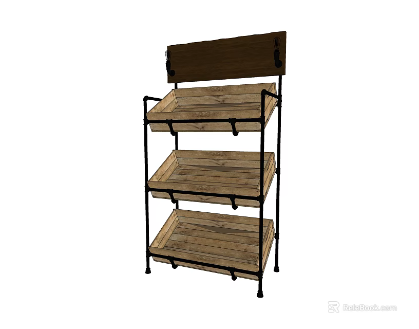 Three Tier Wooden Display Shelf With Metal Frame And Top Board For Retail 3d model 