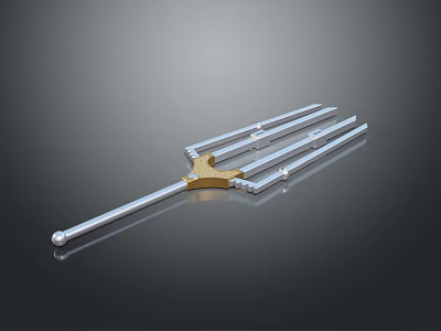 Trident Shaped Hardware Tool Featuring Long Silver Metal Rod Golden Connector and Three Prongs 3d model