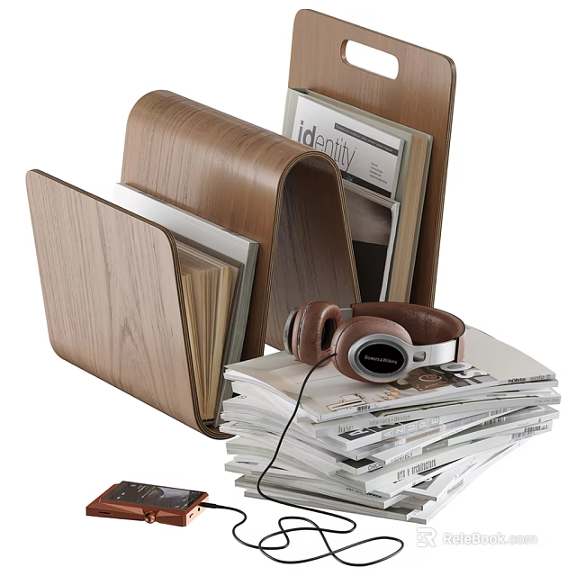 Stylish Home Magazine Storage Setup With Wooden Magazine Holders Stack Of Magazines Headphones And Phone 3d model 