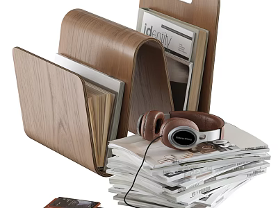 Stylish Home Magazine Storage Setup With Wooden Magazine Holders Stack Of Magazines Headphones And Phone 3d model