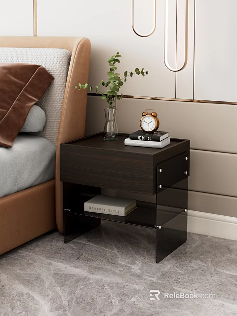 Modern Bedroom Nightstand Design With Alarm Clock Plant Vase Books And Glass Shelf 3d model 