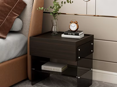 Modern Bedroom Nightstand Design With Alarm Clock Plant Vase Books And Glass Shelf 3d model