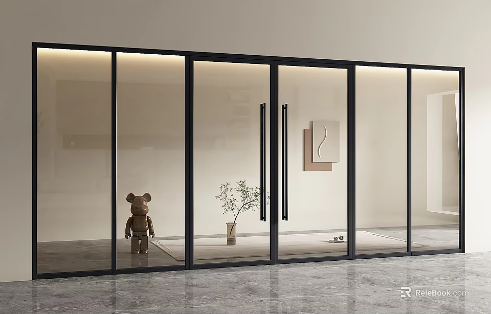 Modern Glass Double Doors With Black Frame In Contemporary Interior Design 3d model