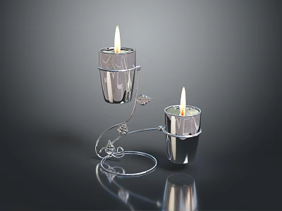 Silver Metal Candle Holders With Curved Stand Grapevine Decoration And Lit Candles 3d model