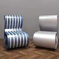 Modern Scroll Leisure Chairs With Blue White Stripes And Silver Finish On Herringbone Wooden Floor