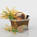 Yellow Floral Bouquet With Green Leaves In Wicker Basket Red White Checkered Cloth