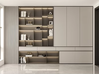 Modern Gray Built in Bookcase with LED Lighting Sleek Shelves and Decor Items 3d model