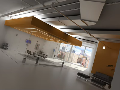 Modern Open Public Office Space Interior With Workstations Sofa And Large Windows 3d model