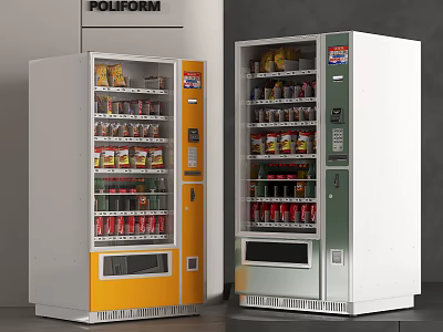 Two Modern Freezers Interior Displaying Drinks Snacks In White Yellow Green 3d model