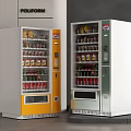 Two Modern Freezers Interior Displaying Drinks Snacks In White Yellow Green 3d model