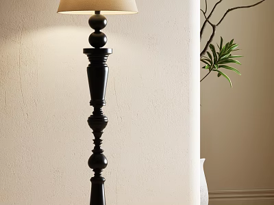 Black Decorative Floor Lamp With Column Design And Beige Lampshade In Living Room Interior 3d model