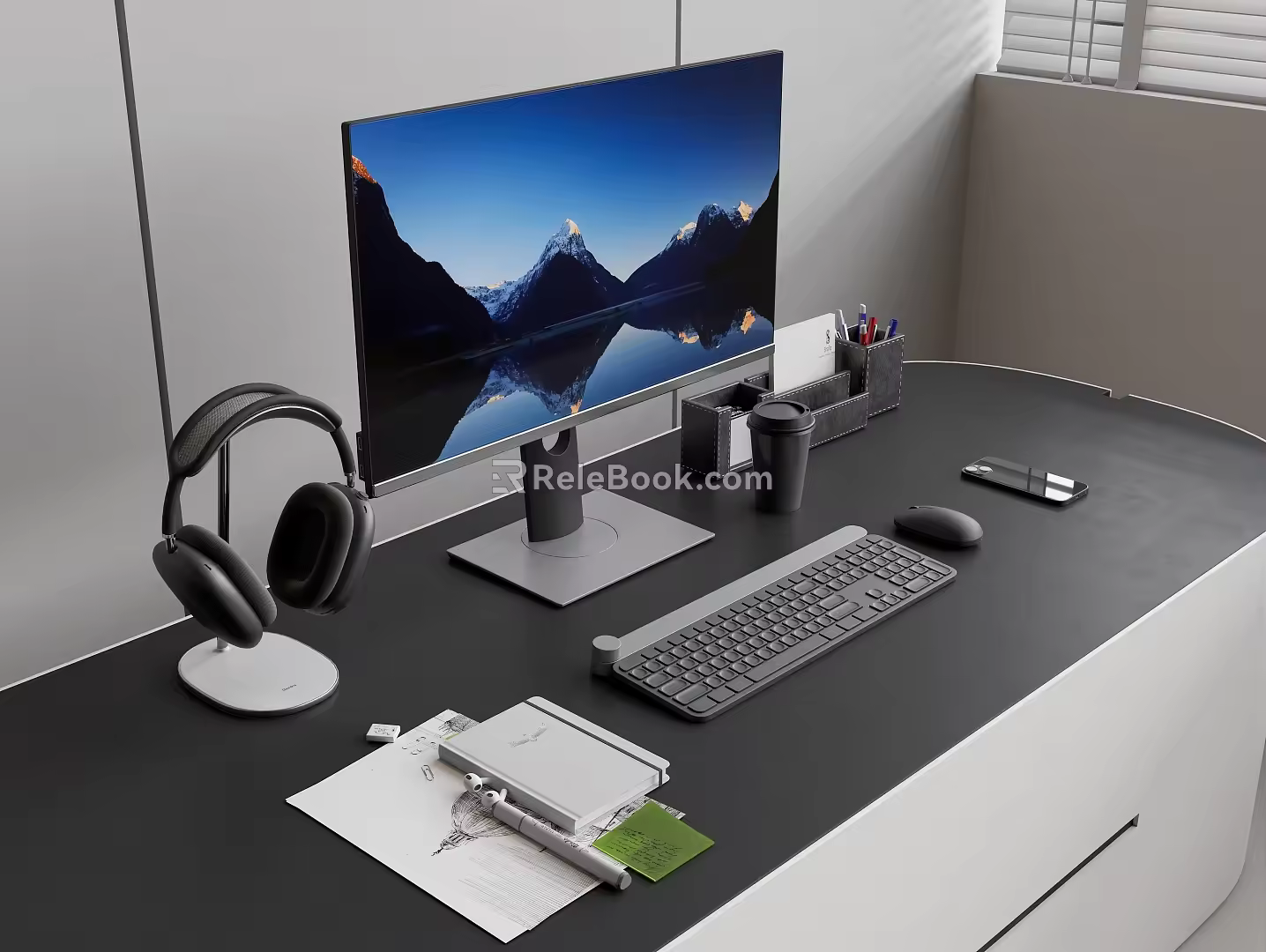 Computer all-in-one keyboard mouse headset phone pen holder notepad hand drawing paper and pen coffee cup office stationery 3d model