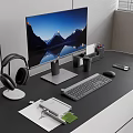 Computer all-in-one keyboard mouse headset phone pen holder notepad hand drawing paper and pen coffee cup office stationery 3d model