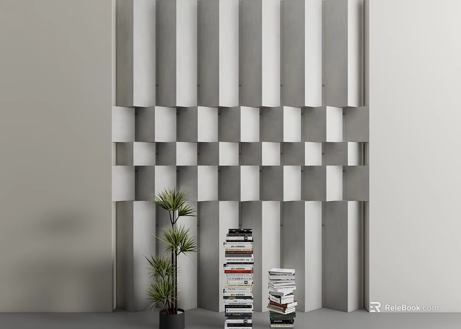 Modern Gray White Geometric Paneled Background Wall With Potted Plant And Stacked Books 3d model 