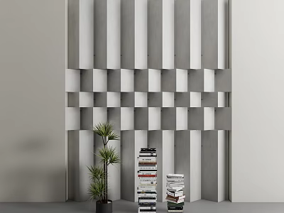 Modern Gray White Geometric Paneled Background Wall With Potted Plant And Stacked Books 3d model