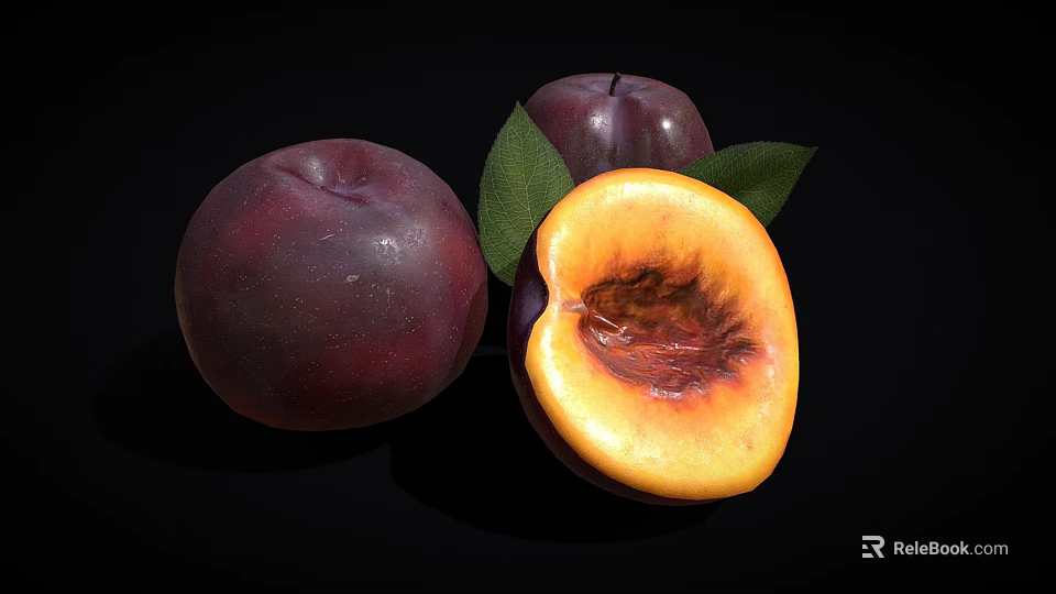 Fresh Ripe Plums With Halved Fruit Showing Juicy Orange Flesh And Green Leaves 3d model 