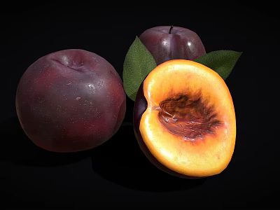 Fresh Ripe Plums With Halved Fruit Showing Juicy Orange Flesh And Green Leaves 3d model