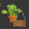 Green Cactus With Smiling Face And Orange Flower In Orange Pot Wooden Sign Free Hugs