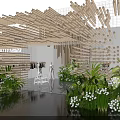 Contemporary Exhibition Display With Wooden Stick Structure Green Plants White Flowers Models And Water Reflection