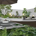Luxurious Courtyard Garden With Outdoor Sofa Large Umbrella Round Lights And Lush Green Plants