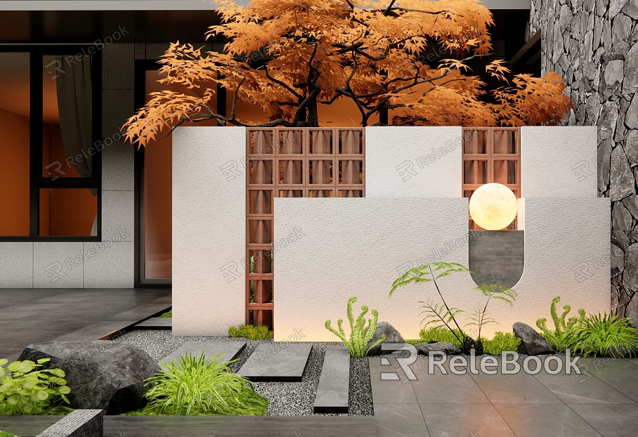 Modern courtyard landscape wall entrance landscape wall red brick hollow landscape wall red maple plant landscape flowers and plants model