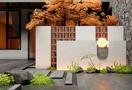 Modern courtyard landscape wall entrance landscape wall red brick hollow landscape wall red maple plant landscape flowers and plants 3d model