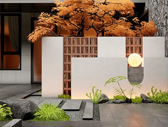 Modern courtyard landscape wall entrance landscape wall red brick hollow landscape wall red maple plant landscape flowers and plants 3d model