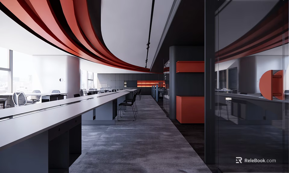 Modern Public Office Space With Long Desks Black Chairs Gray Carpet And Red Curved Ceiling 3d model 