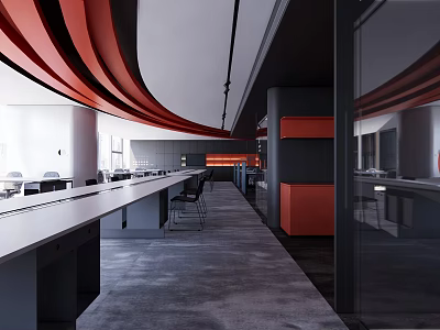 Modern Public Office Space With Long Desks Black Chairs Gray Carpet And Red Curved Ceiling 3d model