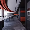 Modern Public Office Space With Long Desks Black Chairs Gray Carpet And Red Curved Ceiling