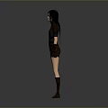 Woman Standing With Dark Hair In Black Top Short Pants Brown Boots On Neutral Background