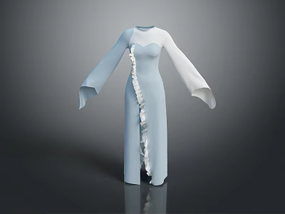 Elegant Modern Long Dress With Light Blue Color Flared Sleeves And Ruffled Trim 3d model