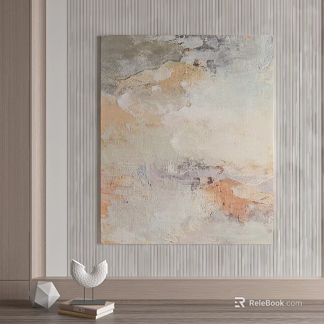 Abstract Painting With Neutral Tones On Striped Wall And Decorative Object 3d model